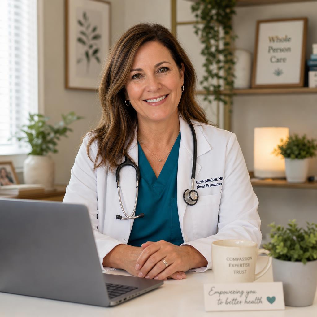 A clinician reviewing a telehealth visit at her desk (illustrative image)